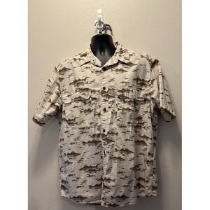 Cabelas Button Up Short Sleeve Vented Shirt‎ Fish Walleye Print Size L Tall Mens